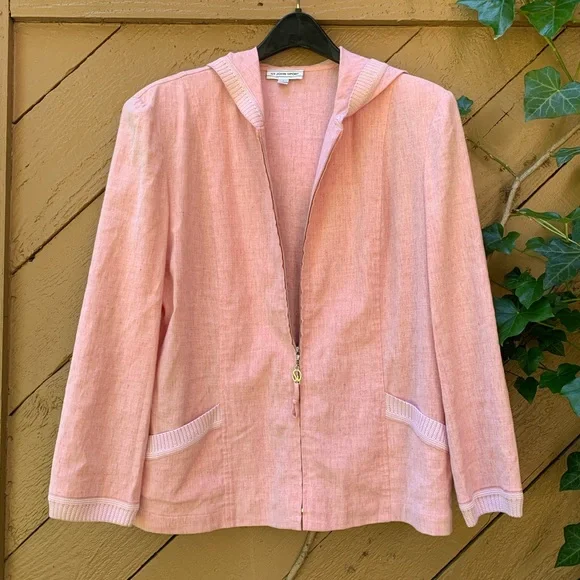 St. John Sport Linen zip-up hooded light pink textured woven light Jacket Sz L - Picture 4 of 12